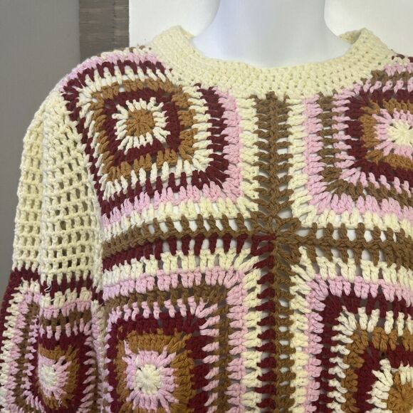 MINKPINK Norah Crochet Pattern Knit Sweater Cropped Crew Neck Large Cotton Blend - Picture 4 of 12